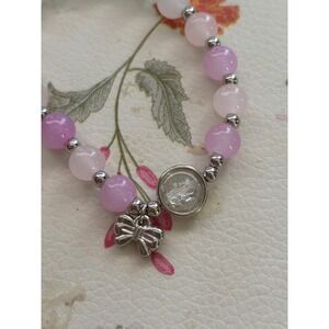 Glass Pink White Lavender Stretch Bracelet with Silver Bow Charm and Clear Bead